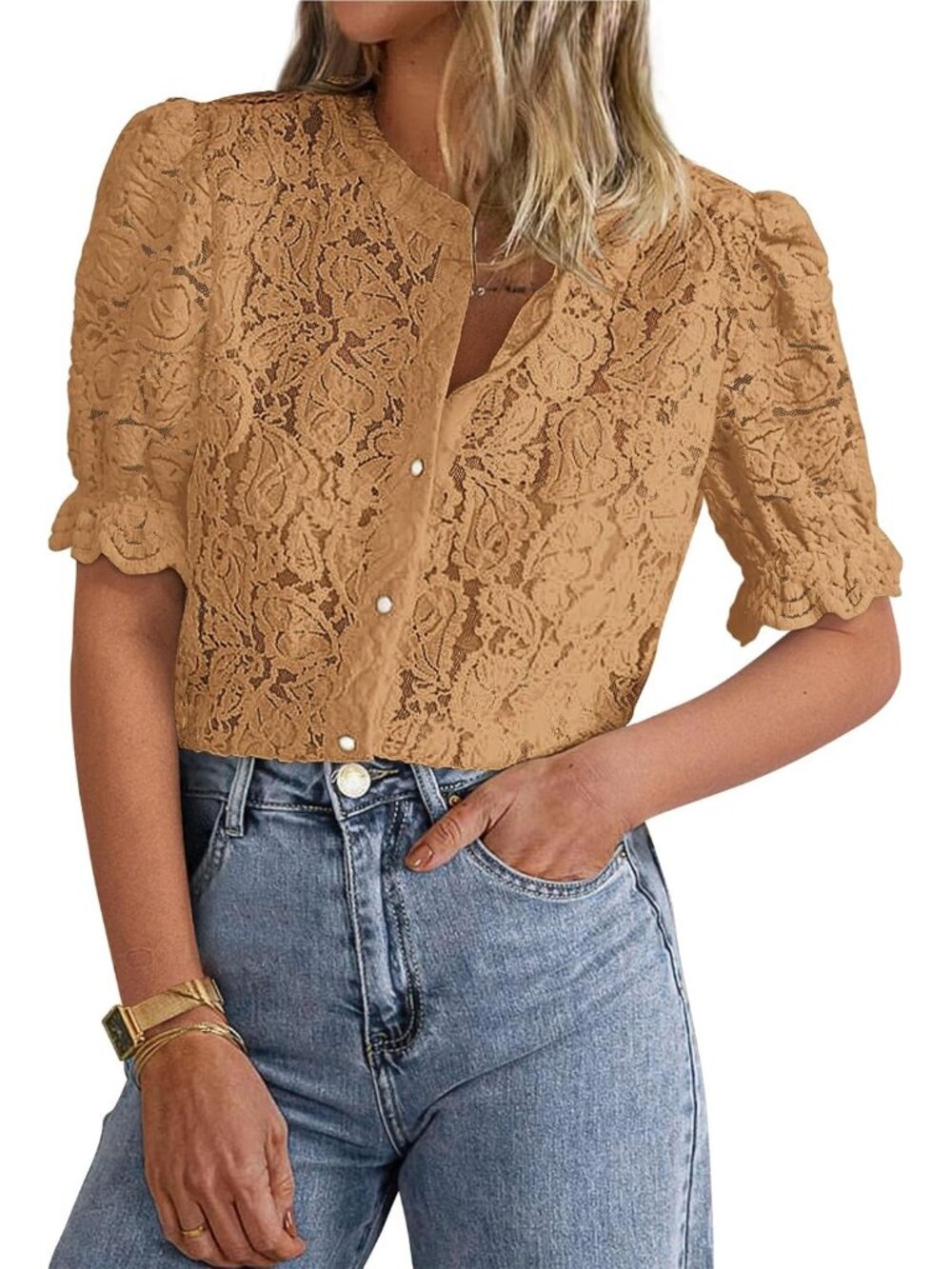 Womens Lace Tops Button Down Short Sleeve Shirts